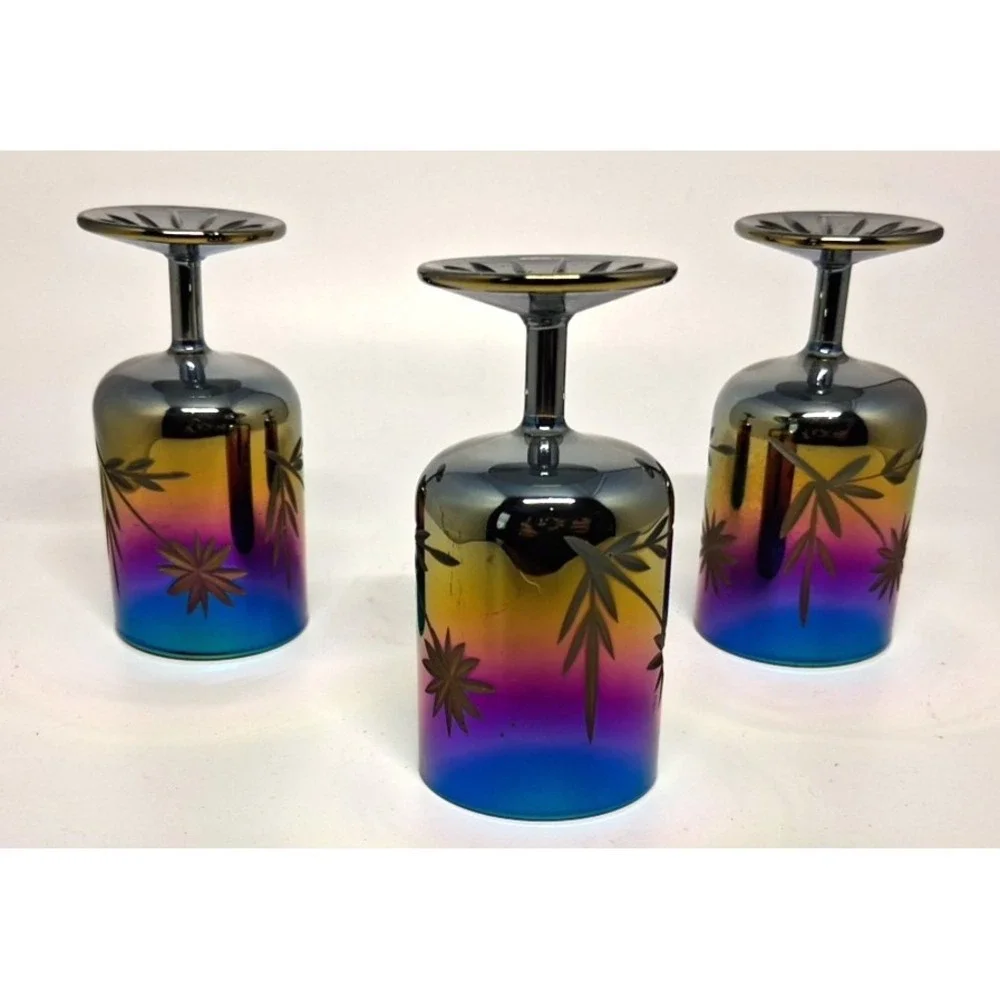 Beautiful Shot glasses or Liqueur 3 Carnival Iridescent Glass Bohemian Cut Style